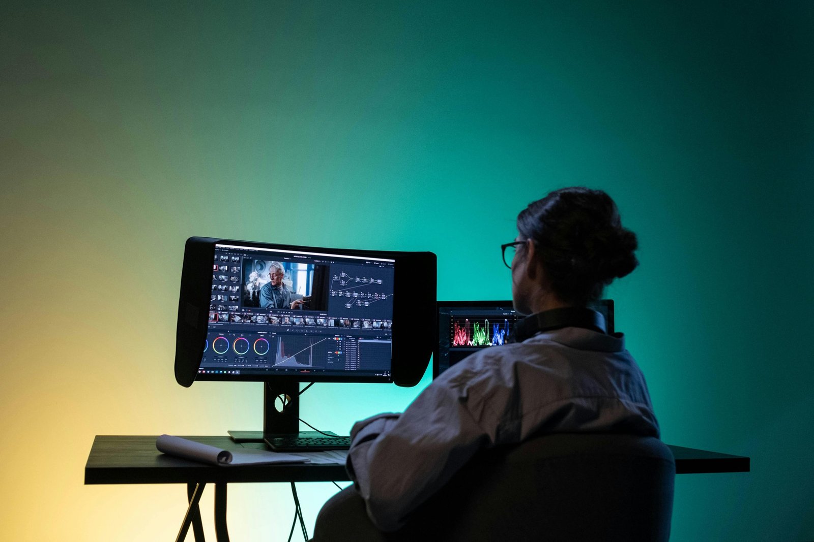 A female video editor working on a project in a dimly lit room, focusing on color correction.